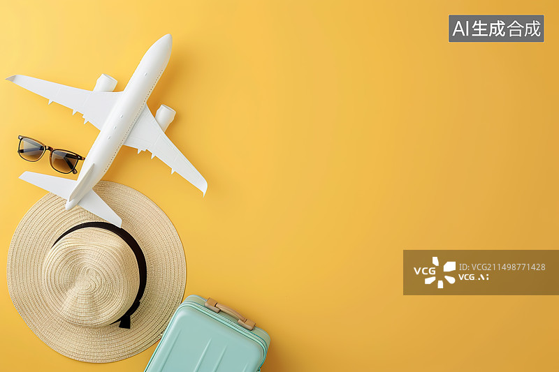 【AI数字艺术】纯色背景下的旅行箱、草帽和飞机——旅游主题背景图片素材
