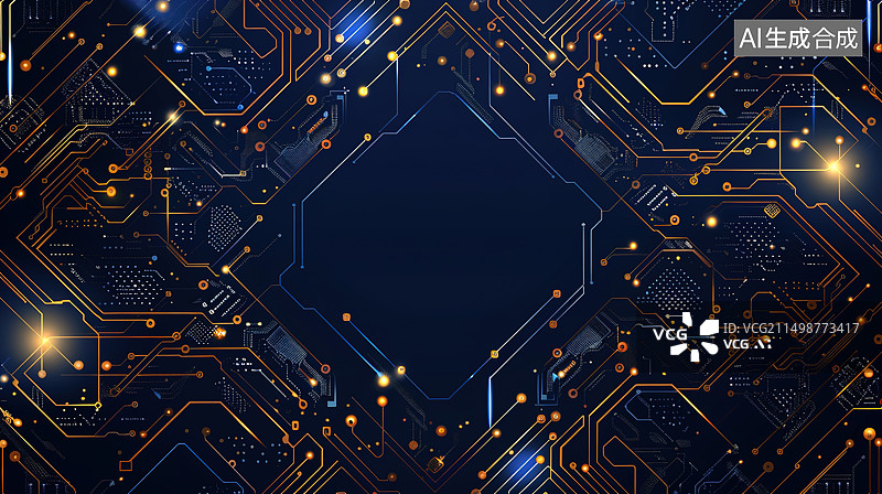 【AI数字艺术】扁平风蓝色背景下的发光电路板科技背景图片素材