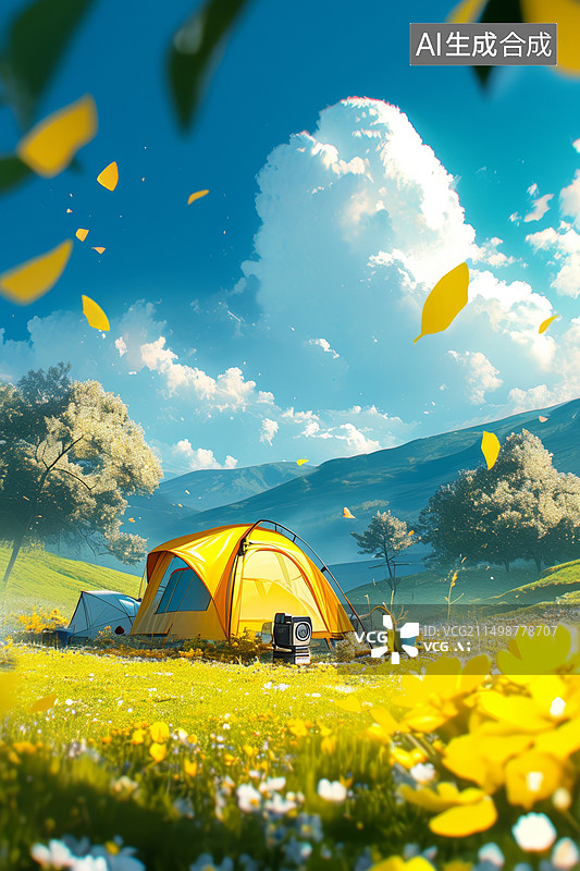 【AI数字艺术】开满鲜花的草地上户外露营的帐篷图片素材
