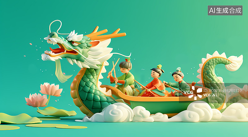 【AI数字艺术】三人高兴打鼓划龙舟荷花端午节龙舟节3D渲染可爱插画图片素材