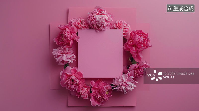 【AI数字艺术】空白纸卡之间的粉红玫瑰和缎带顶部视图，婚礼模型图片素材