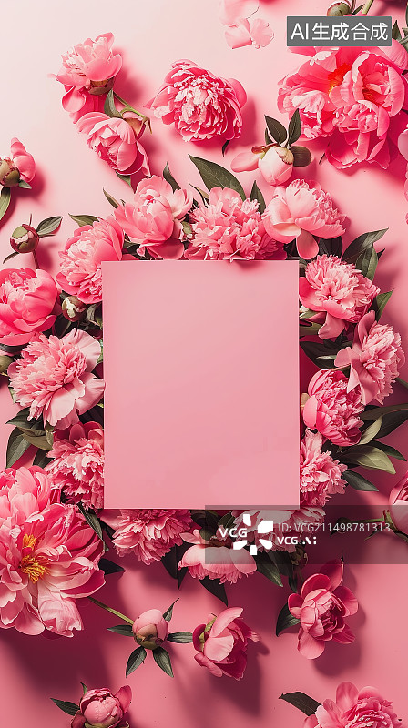 【AI数字艺术】空白纸卡之间的粉红玫瑰和缎带顶部视图，婚礼模型图片素材