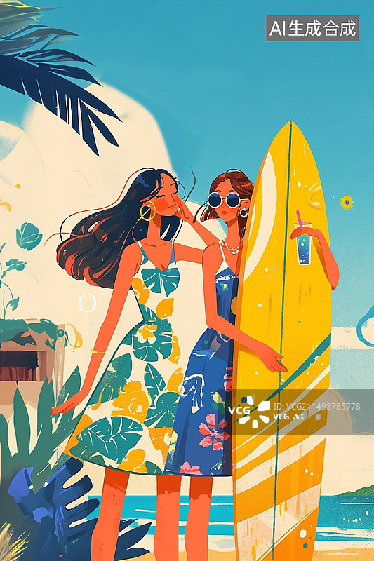 【AI数字艺术】夏日海边度假女孩扁平风插画图片素材