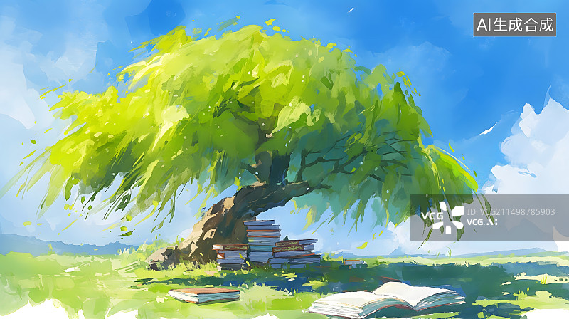 【AI数字艺术】一棵柳树下堆满书籍的户外草地卡通插画图片素材