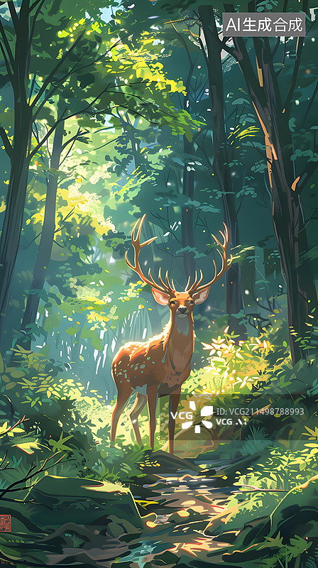 【AI数字艺术】林深时见鹿，梅花鹿卡通动物出现在密林深处背景图片素材