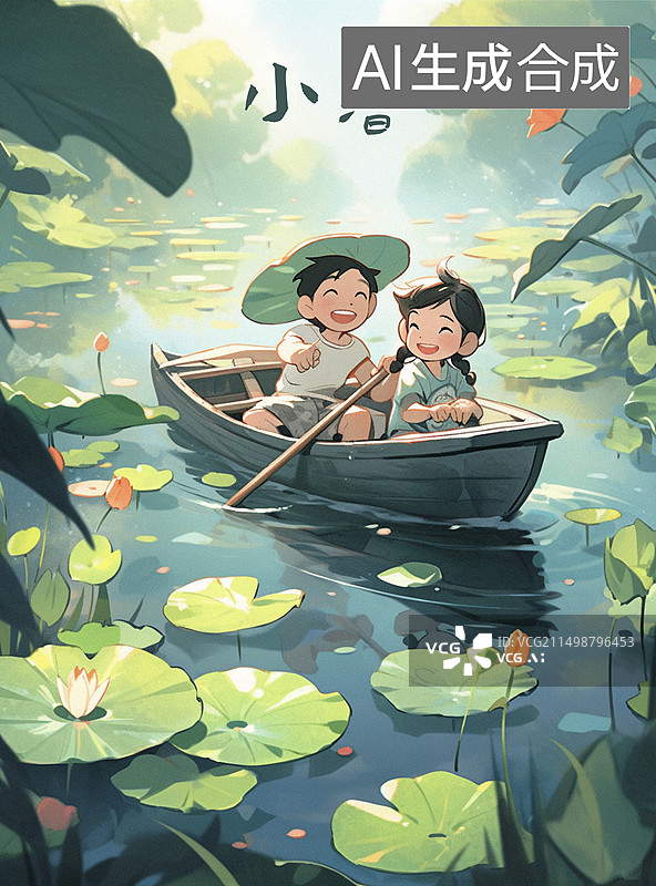 【AI数字艺术】小暑 节气 暑假 夏季 24节气 海报 手绘风格 荷叶 荷花 避暑 炎热图片素材