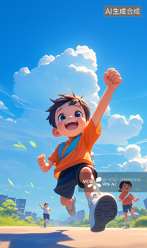 【AI数字艺术】开学季儿童节：蓝天下快乐欢呼的小朋友图片素材