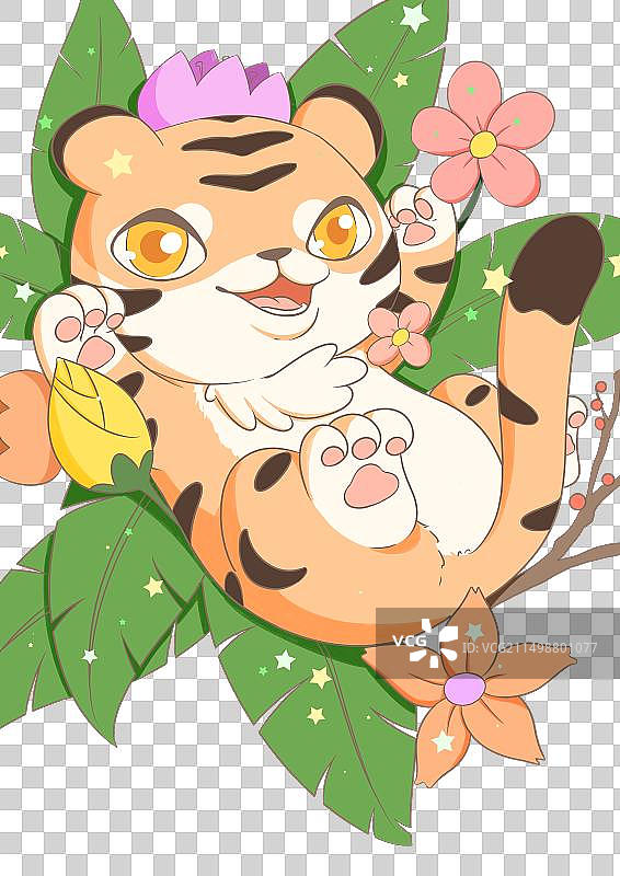 小老虎躺在花丛里图片素材