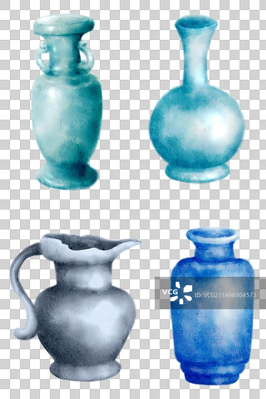 手绘水彩国风瓷瓶组合图片素材