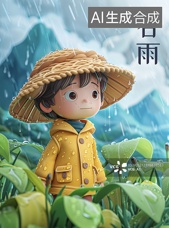 【AI数字艺术】谷雨 24节气 3D风格 下雨 农民 庄稼 草帽图片素材
