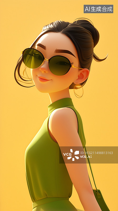 【AI数字艺术】穿夏装裙子戴太阳镜的女孩3D卡通人物插画图片素材