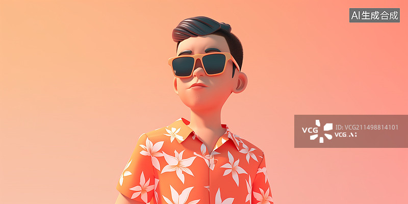 【AI数字艺术】穿夏装T恤戴太阳镜的男孩3D卡通人物插画图片素材