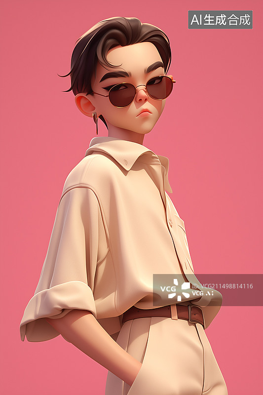 【AI数字艺术】穿夏装T恤戴太阳镜的男孩3D卡通人物插画图片素材
