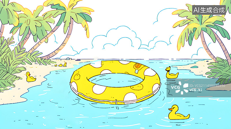 【AI数字艺术】夏天海上的游泳圈和小黄鸭艺术画图片素材