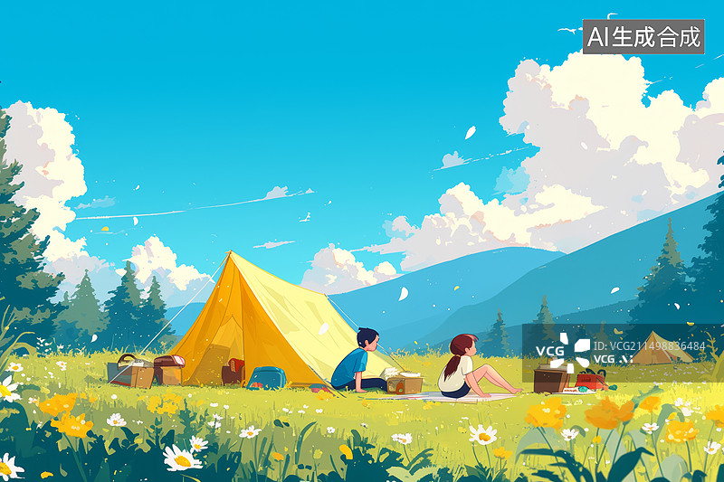 【AI数字艺术】一对恩爱的情侣在户外帐篷营地露营图片素材
