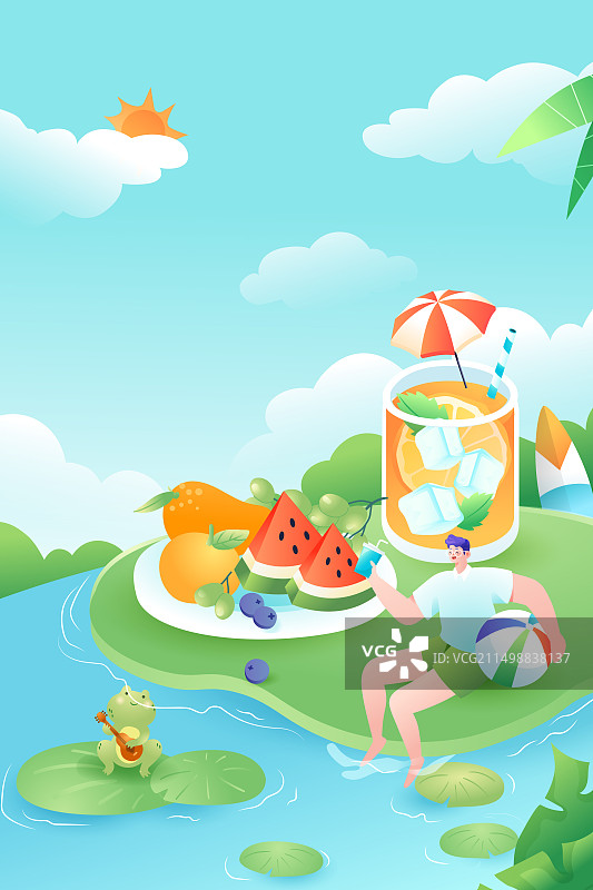 卡通夏季夏天出游户外露营休闲娱乐暑期度假学生朋友团购电商促销美食餐饮冰淇淋沙冰甜品下午茶渐变矢量插画图片素材
