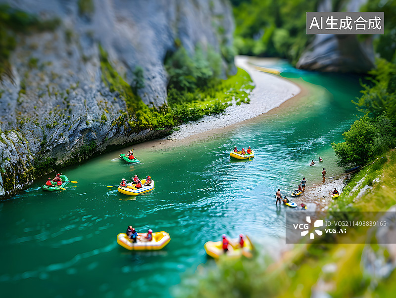 【AI数字艺术】夏季水面上的充气船漂流运动微缩景观图片素材