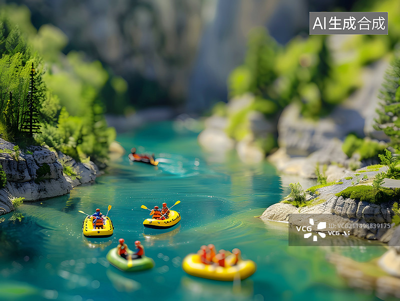 【AI数字艺术】夏季水面上的充气船漂流运动微缩景观图片素材