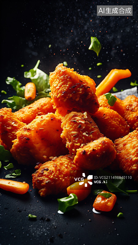 【AI数字艺术】黑色背景下盘子里炸鸡的特写镜头图片素材