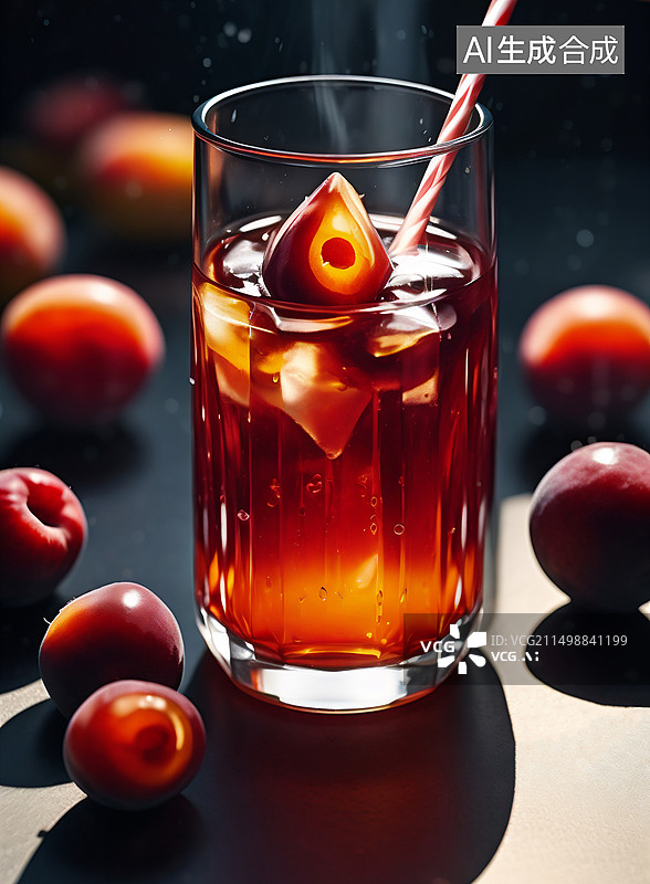 【AI数字艺术】黑色背景下桌上酸梅汤冰镇饮料的特写镜头图片素材