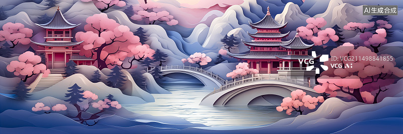 【AI数字艺术】传统节日装饰效果，古风剪纸场景，粉色的花树，古建筑和桥，山石和河流图片素材