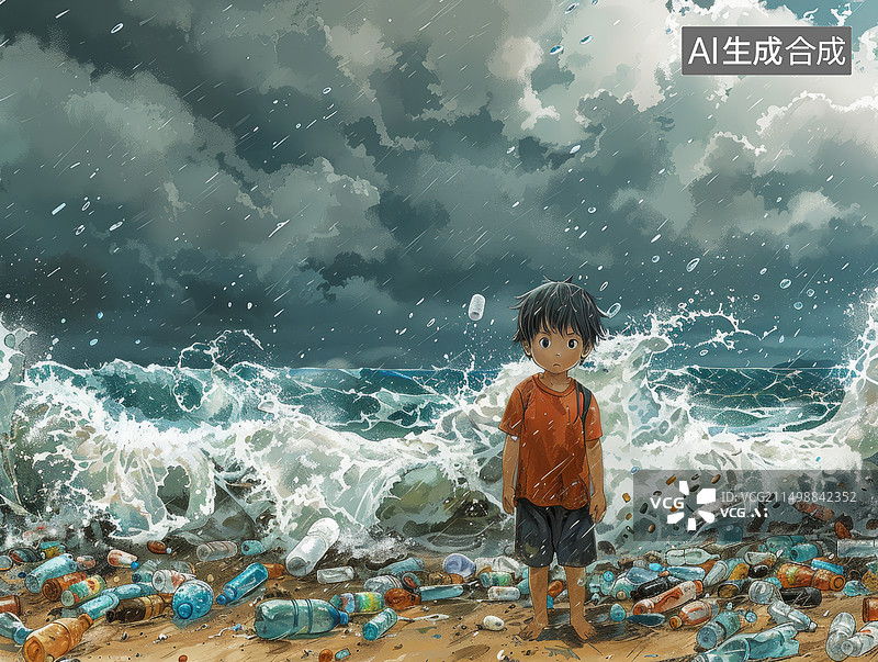 【AI数字艺术】海浪孩子废弃瓶子保护海洋环境插画图片素材
