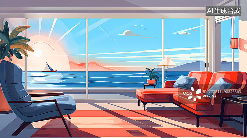 【AI数字艺术】度假海景房酒店客厅插画图片素材