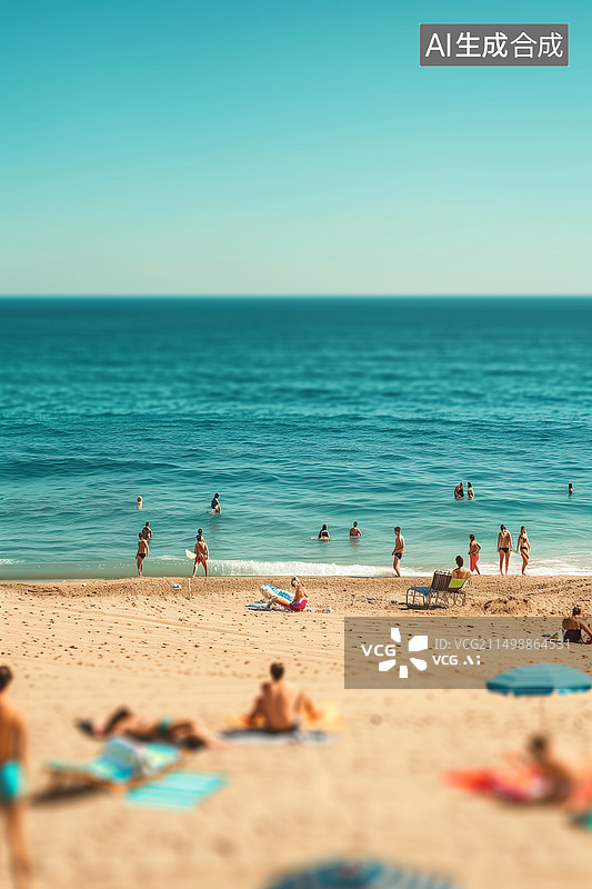 【AI数字艺术】夏天沙滩上人群在玩耍微缩景观图片素材
