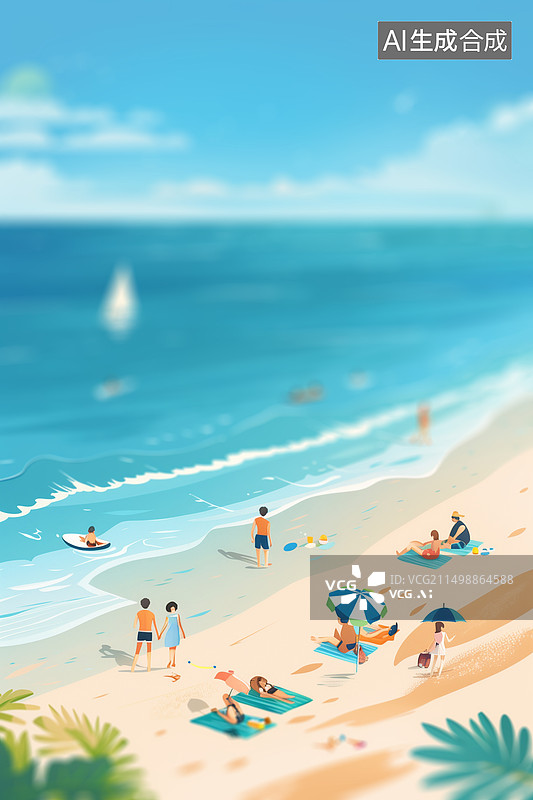 【AI数字艺术】夏天沙滩上人群在玩耍微缩景观图片素材