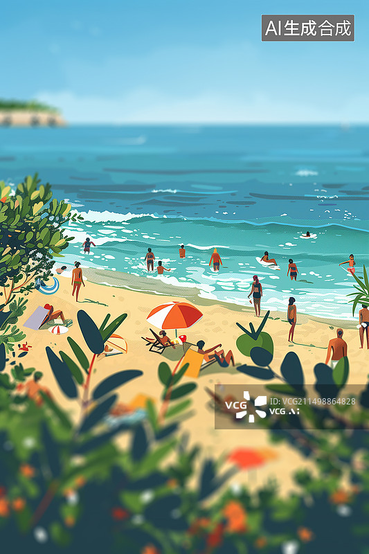【AI数字艺术】夏天沙滩上人群在玩耍微缩景观图片素材