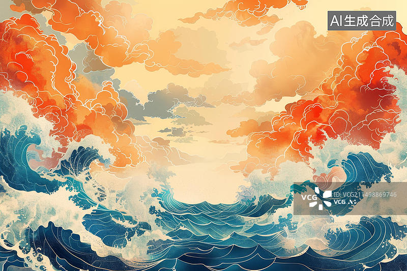 【AI数字艺术】手绘浮世绘画作风格的汹涌波涛图片素材
