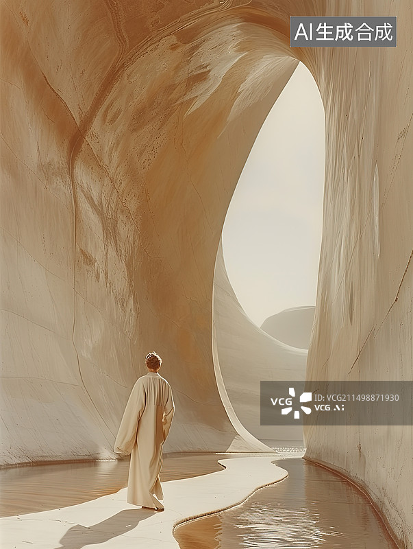 【AI数字艺术】站在拱门下的人的后视图图片素材
