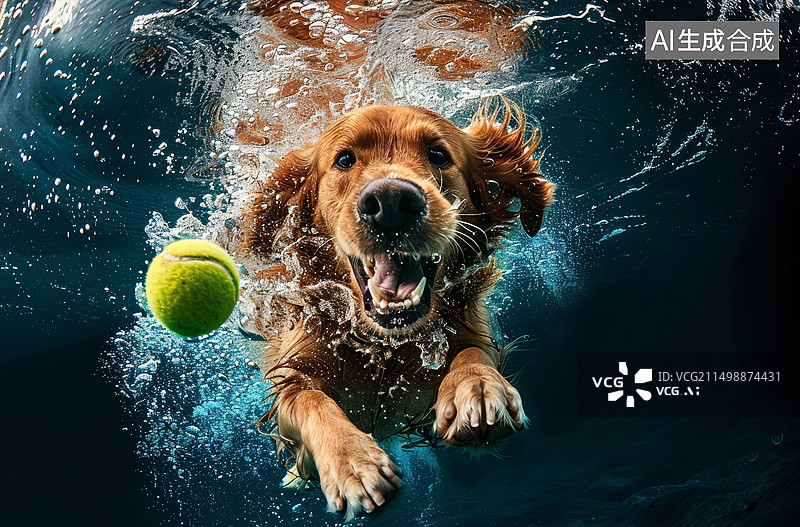 【AI数字艺术】水下嬉戏追球的金毛犬摄影图图片素材