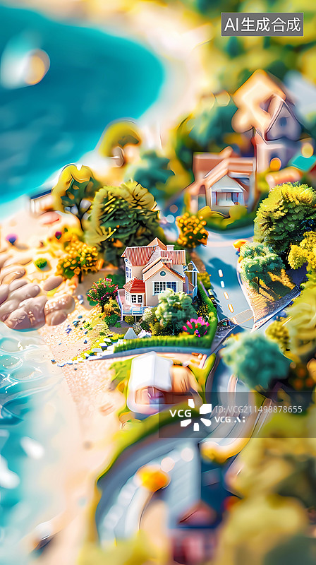 【AI数字艺术】夏天海边滨海城市微缩景观插画海报图片素材