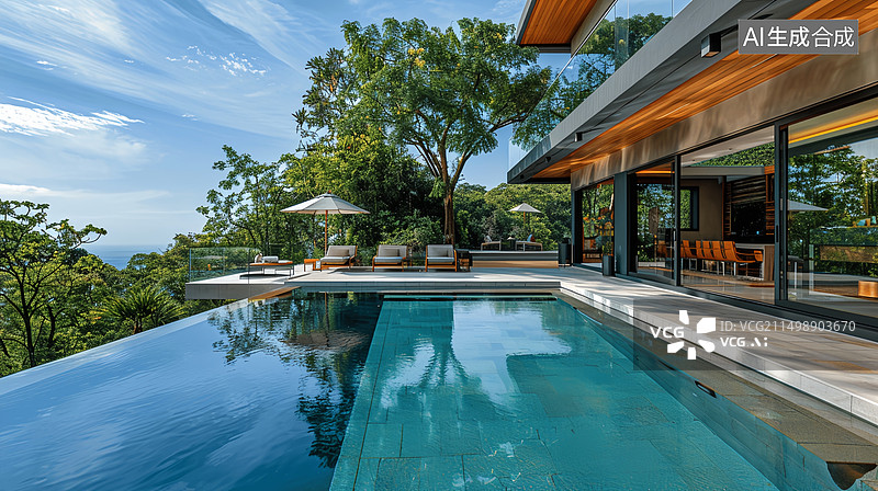 【AI数字艺术】现代豪华别墅与无边泳池图片素材