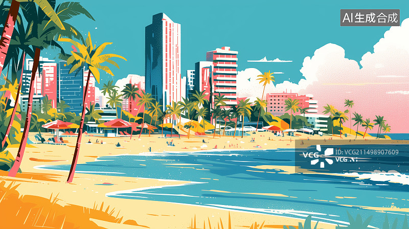 【AI数字艺术】夏天海边城市沙滩风景扁平风插画图片素材