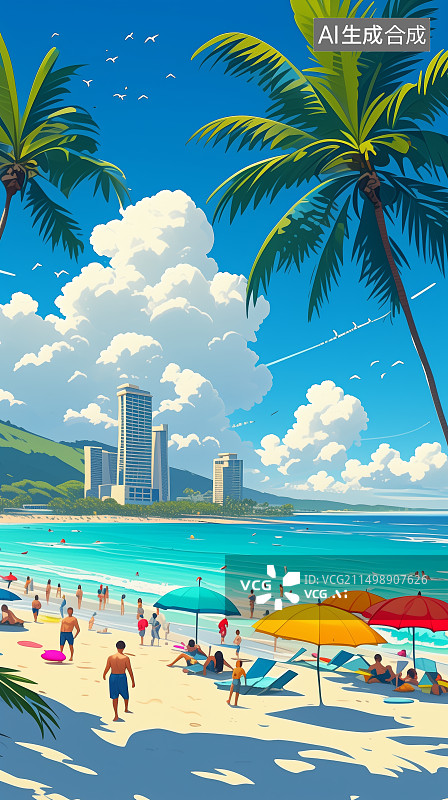 【AI数字艺术】夏天海边城市沙滩风景扁平风插画图片素材