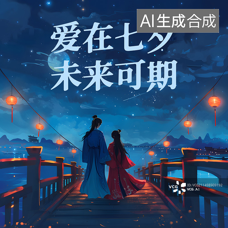 【AI数字艺术】七夕节牛郎织女背影海报插画模板图片素材