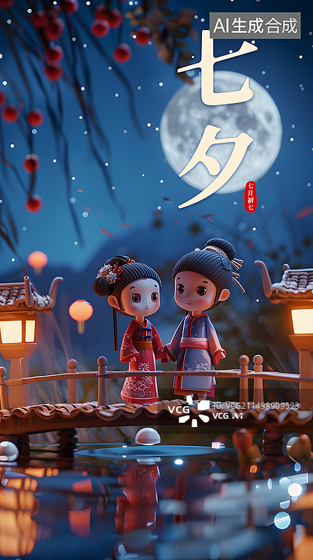 【AI数字艺术】七夕节牛郎织女古装海报3D模板图片素材