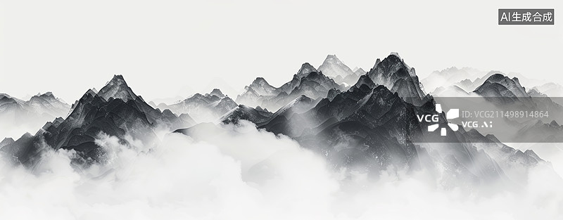 【AI数字艺术】新中式风格黑白山水云雾插画图片素材