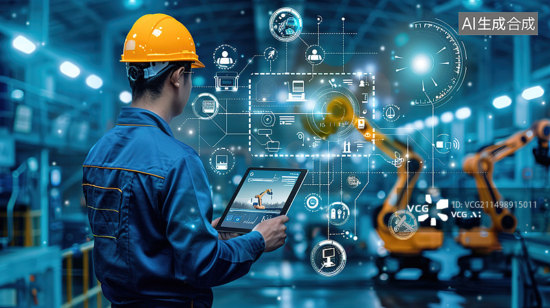 【AI数字艺术】现代化工厂车间工人利用智能化设备控制机械臂工作场景——新质生产力概念图片素材