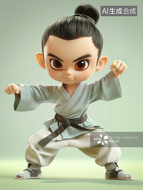 【AI数字艺术】在练武术的可爱中国小男孩卡通形象图片素材
