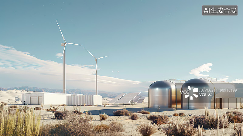 【AI数字艺术】风光制氢产业场景插画——清洁能源发电、储能、制氢图片素材