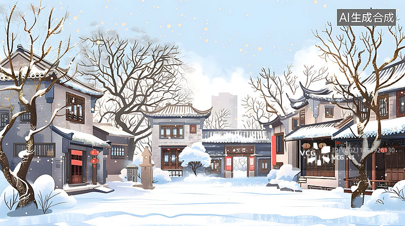 【AI数字艺术】雪天户外中国建筑图片素材