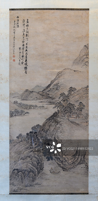清代顺治八年张宏幽溪渔隐图轴，万寿寺北京艺术博物馆《苍山秀水—山水主题文物展》图片素材