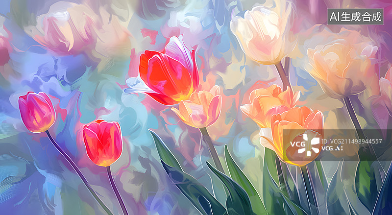 【AI数字艺术】唯美郁金香油画场景图片素材