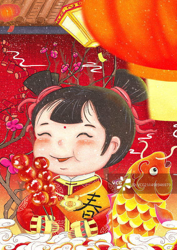 新年新春春节过年节日红色女孩鲤鱼灯笼图片素材