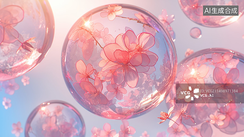 【AI数字艺术】清新透明玻璃水晶花瓣泡泡球图片素材