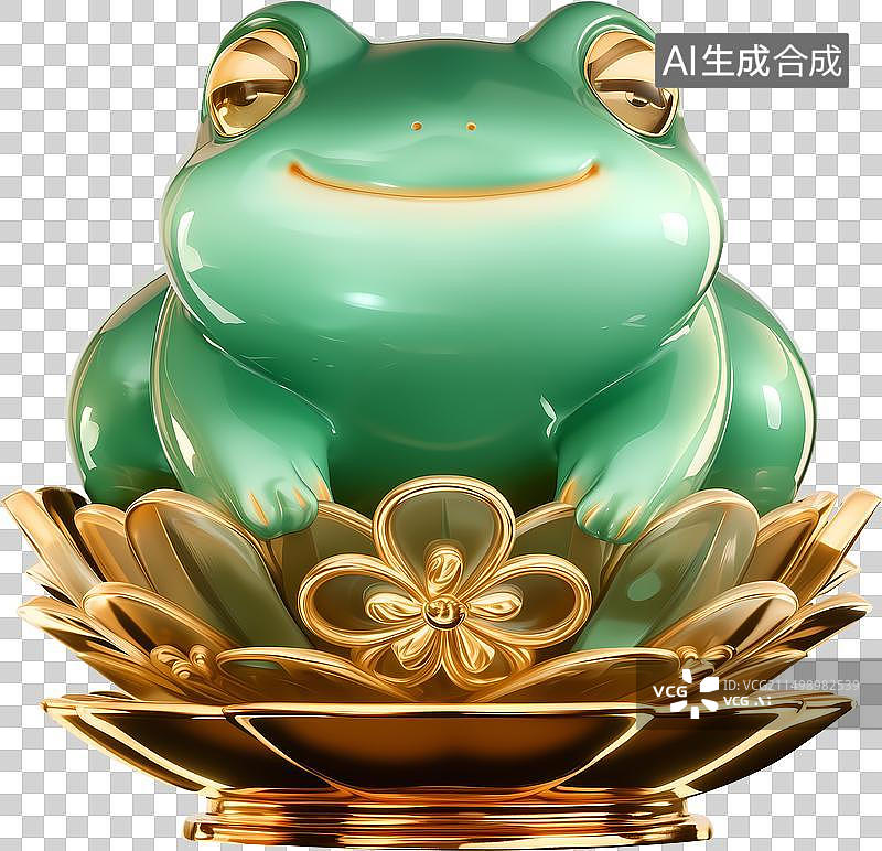【AI数字艺术】一只玉蟾坐在金莲台上翡翠金镶玉三维元素图片素材