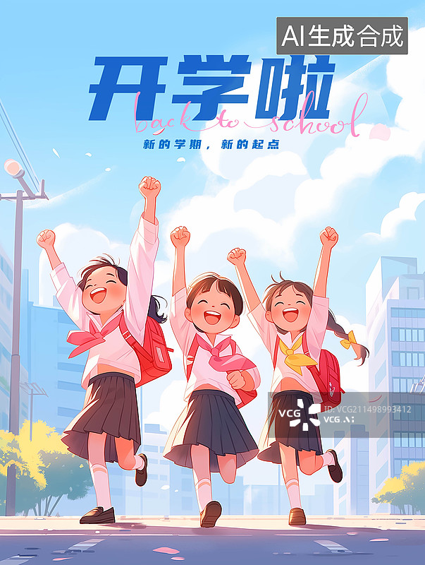 【AI数字艺术】开学季卡通三个可爱的欢呼小学生海报图片素材
